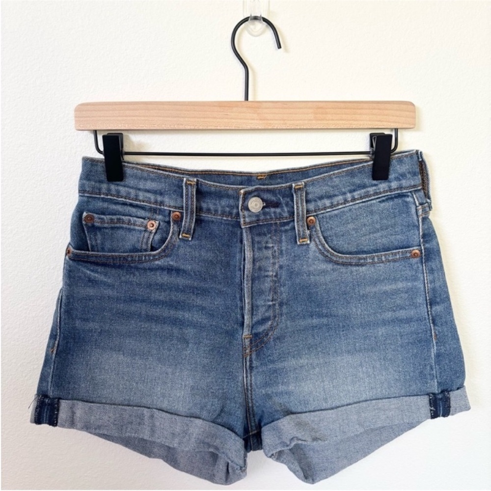 Levis 501 Denim Shorts High Rise Button Fly Cuffed Cutoff Cotton Blue Size 27